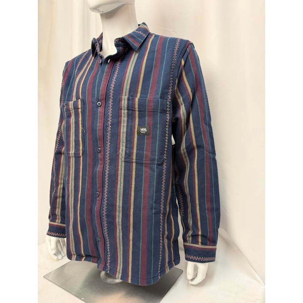 Vans Mens Long Sleeve Striped Button Down Shirt Navy Burgundy Gold X-LARGE NEW
